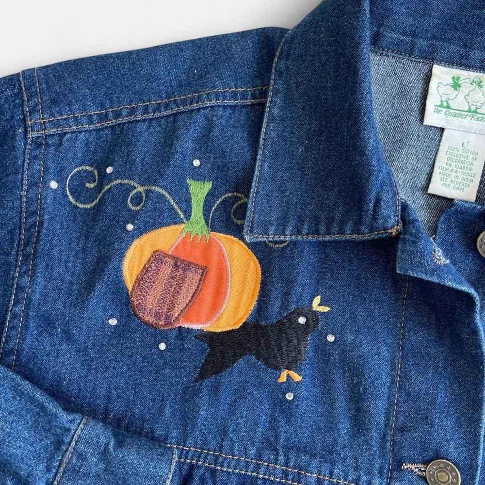 Vintage Quacker Factory Embroidered Denim Halloween Scarecrow Pumpkin Jacket - Picture 8 of 10